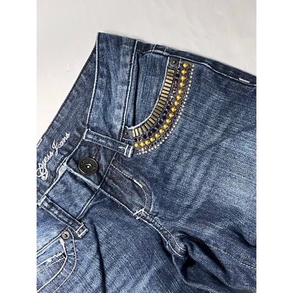 Guess Foxy Embellished Stretch Flared Jeans 24 Denim‎ Gem Jewels Whiskered Studs - Picture 8 of 13